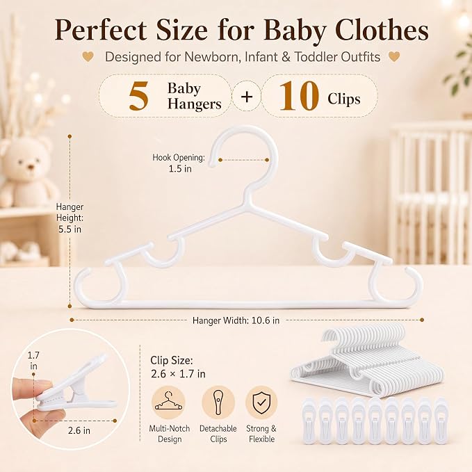 Hsei Baby Hanger with Clip for Pant,15 Packs Total,White,10.6 Inch | 5 Kids Plastic Hanger with 10 Clips for Newborn, Nursery, Daycare, Preschool, Closet, Wardrobe Organizer for Baby Shower - Image 2