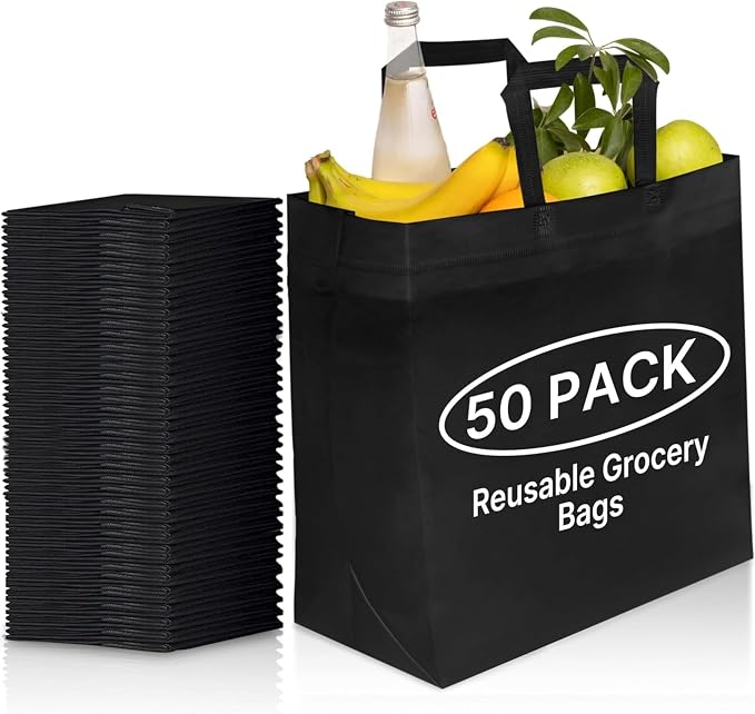 Simply Cool 50 Pack Reusable Grocery Bags, Large Tote Bags Bulk, Black | 14.5"x14"x6.6" Heavy Duty Non-woven Custom Shopping Bags with Handles, Foldable, Washable for Groceries and Commercial use by SimplyCool