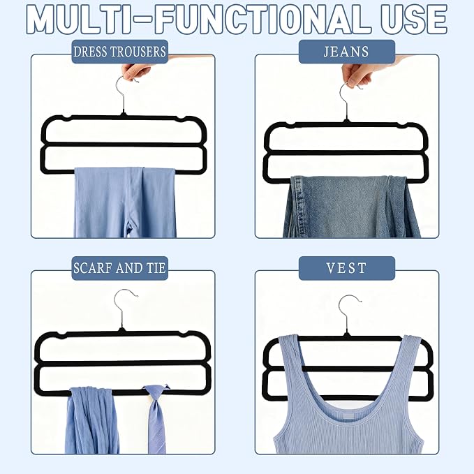 VSV stoage Velvet Pants Hangers with Double Non Slip Bar - Multiple Velvet Hangers for Closet - Thin Space Saving Clothes Hanger - 360° Swivel Felt Trouser Hanger Perchas Terciopelo 10 Pack (Black) - Image 4