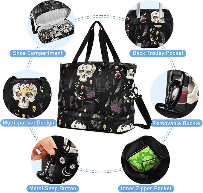 Goth Skull Moth Sports Duffel Tote Bag - Wet Pocket Weekender Overnight Gym Carry On Hospital Bag for Women Men - Image 4