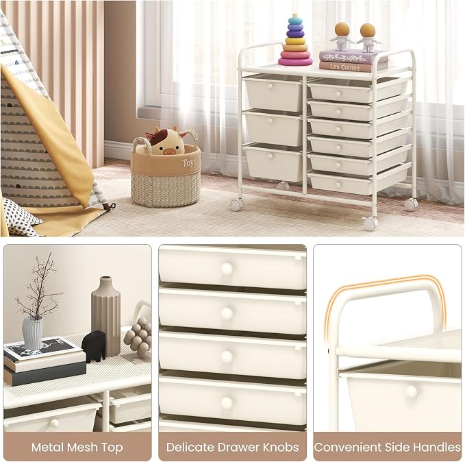 RELAX4LIFE 9 Drawer Rolling Storage Cart - Mobile Drawer Carts for Craft Art Supply Paper Salon, Utility Cart on Wheels for Classroom Teacher School Office, Rolling Cart with Drawers (Ivory White) - Image 6