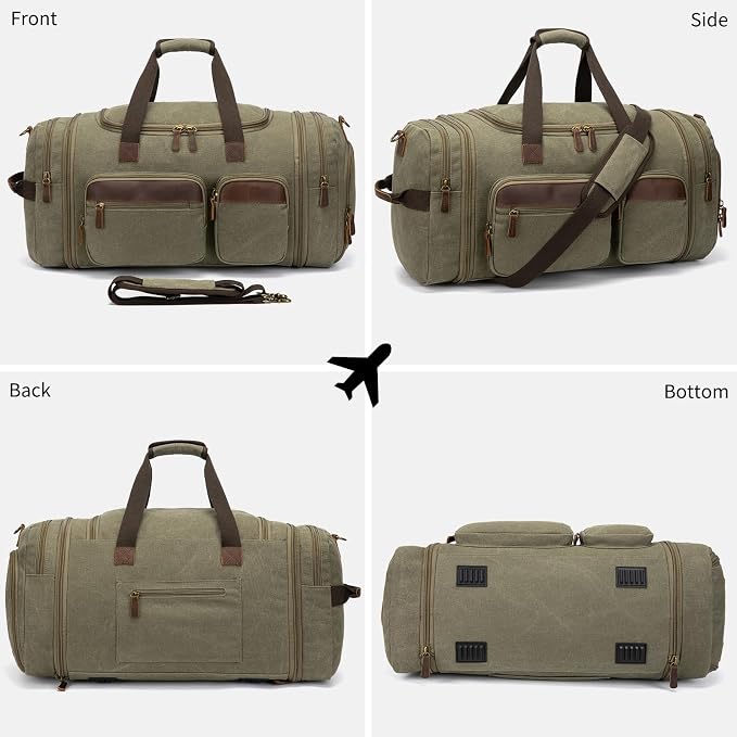 Mens Duffle Bag for Travel 60L Expandable Canvas Weekender Overnight Travel Duffel Bag with Shoe Compartment Carry-On for Airplanes Army Green - Image 7
