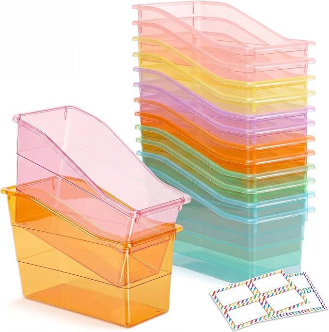 Blosssound 12 Set Book Bins for Classroom Stackable,Translucent Pastel | Plastic Baskets with Labels, Slanted Front, Library Supplies Organizers, Desktop Storage Bins, Teachers Home School Use by Blosssound