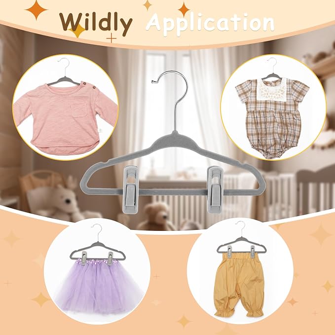 50 Pack Velvet Hangers for Baby & Kids, 11 Inch Non-Slip Infant Clothes Hangers with 100 Multi-Use Adjustable Clips, Slim Space Saving Hanger for Nursery Closet, Toddler Skirts Pants Coat,Grey - Image 4