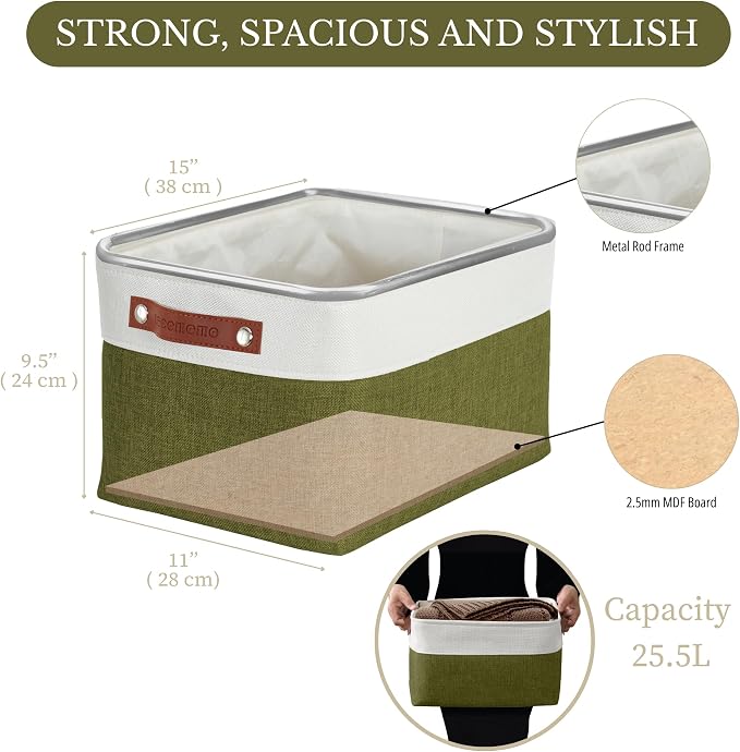 DECOMOMO Storage Bins, Large Fabric Storage Baskets for Shelves 3 Pack | 15 x 11 x 9.5 inches Decorative Linen Closet Organizers (Olive Green & White) - Image 3
