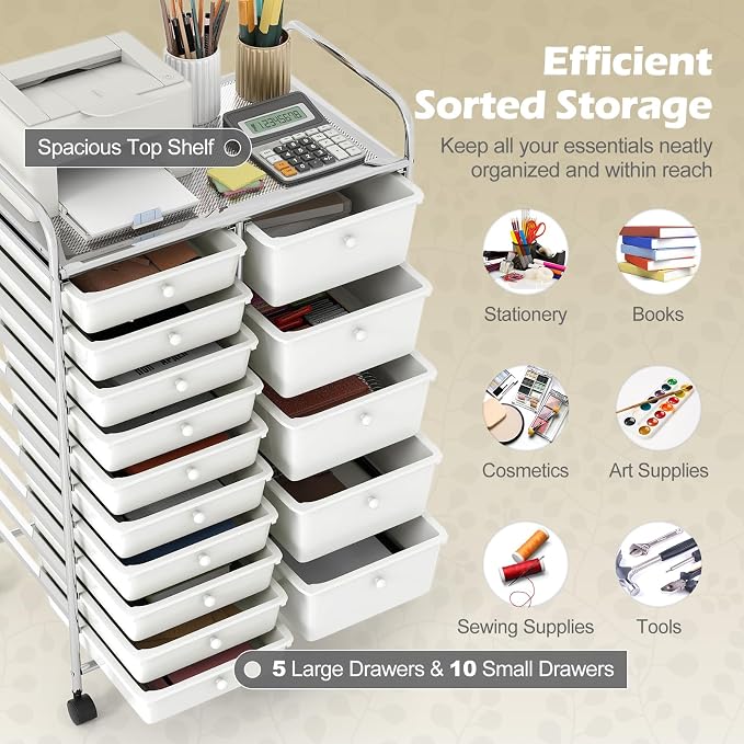 DREAMADE 15-Drawer Rolling Storage Cart, Mobile Craft Cart, White | Utility Organizer with Lockable Wheels, Removable Plastic Drawers and Metal Frame for Home Office, Classroom and Studio - Image 4