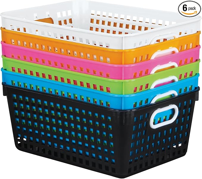 Really Good Stuff Large Plastic Storage Baskets with Handles - 6 Pack | 13.75" x 9.75" x 5", Neon Group Colors, for Books & Supplies, Organize Classroom & Home by ReallyGoodStuff