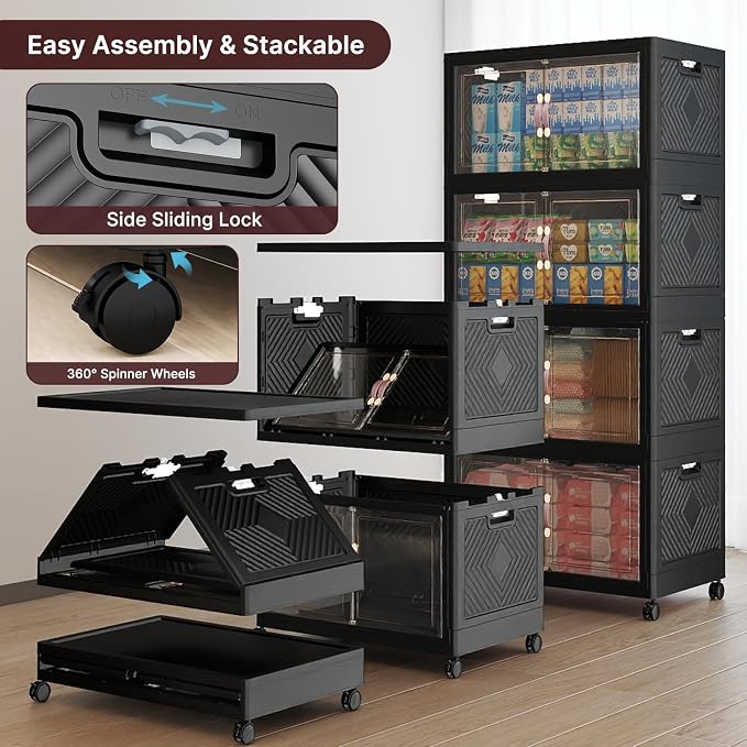 Stackable Storage Bins, 896QT Collapsible Drawers with 2 Lids | Large Capacity, Magnetic Door, Stack Lock, Rolling Wheels, Foldable Design, Organizers and Storage for Bedroom Dorm Garage - Image 3