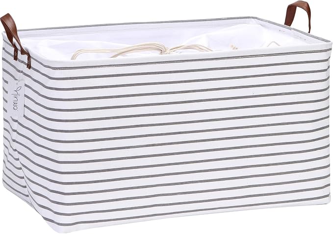 Hinwo 70L Extra Large Canvas Storage Bin with Lid and Handles | Collapsible Fabric Basket, Closet Shelf Organizer, Container for Clothing, Blankets, Toys, Bedding (Gray Stripe) by Hinwo