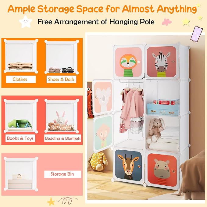 HONEY JOY Kids Wardrobe Closet, Baby Cartoon Clothes Storage Organizer, 8 Cubes & 2 Hanging Sections, Portable Children DIY Modular Bedroom Armoire Dresser Cabinet for Boys Girls (White) - Image 7