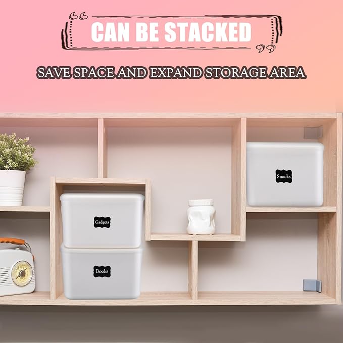 BBTO 8 Pcs White Plastic Storage Bins with Lids Organizing Container with Handle Stackable Containers for Organizing Including Labels and Marker for Table Organization, 10.2 x 7.3 x 6.5 Inch - Image 5