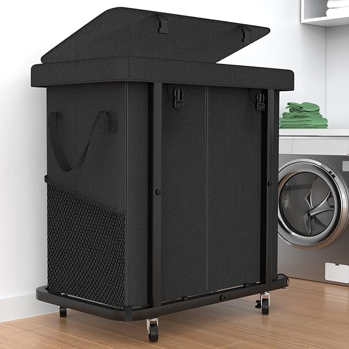 Laundry Basket with Lid,190L Rolling Laundry Hamper with Wheels,Black | Dirty Clothes Hamper with Metal Frame and Removable Bag Design,Suitable for Laundry Room, Bedroom(2 Section) by Unlockyourhomestoragelife