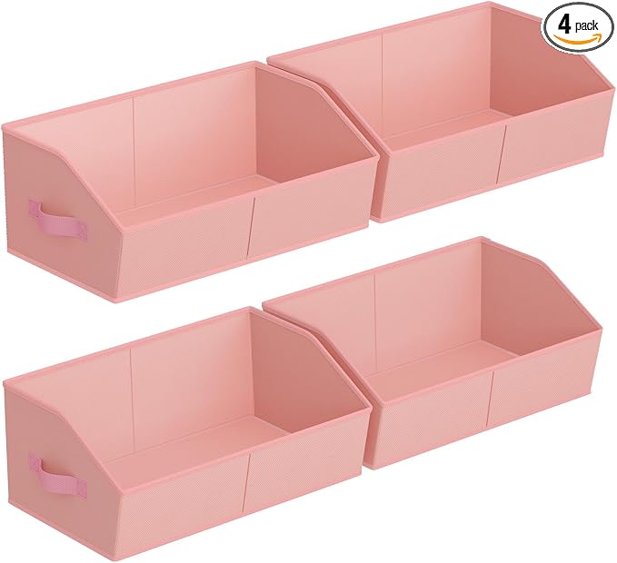 Storage Bins for Shelves - Large Trapezoid Closet Shelf Organizer, Fabric Organization Bins with Handles, Storage Baskets for Clothes, Towel, Purse, 4 Pack, Pink by Homsorout