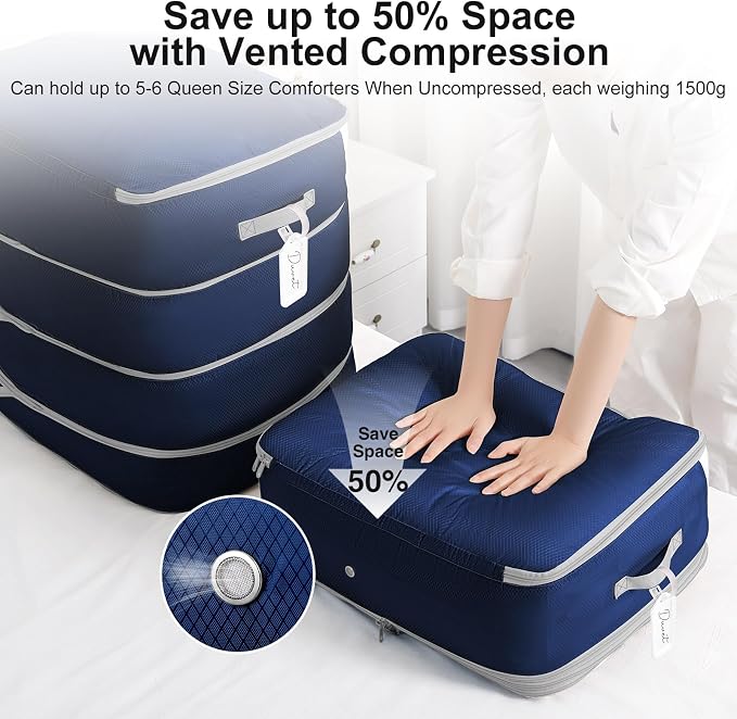 Comforter Storage Bag - Large Capacity Blanket Storage Bags 4-Layer Ultra Space Saving Self Compression Organizer, Washable Compression Bags for Storage Comforter Blanket, 4-Pack, Navy Blue - Image 3