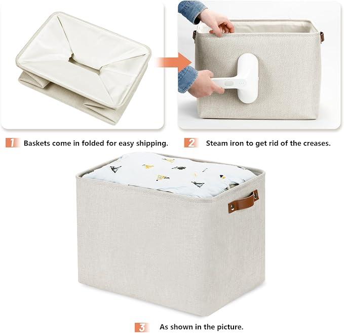 DULLEMELO Large Storage Baskets, Fabric Storage Bins for Organizing Clothes, Large Storage Bins with Handles for Shelves Closet Organizers, Fabric Storage Baskets for Toy Organizers(Beige) - Image 6