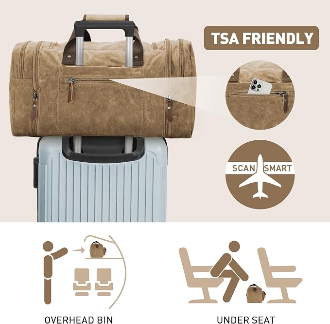 Wildroad Waxed Canvas Duffle Bag - 50L Weekender Overnight Travel Bag | Gifts for Men, Holiday Birthday Gift for Dad, Husband & Partner, Carry-on Size - Image 6
