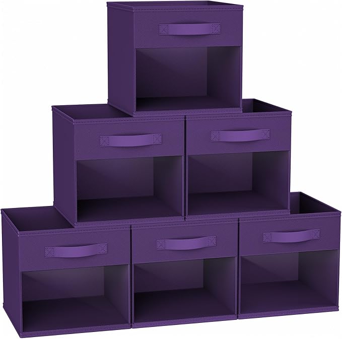 DIMJ Cube Bins, 12.2-Inch Storage Bins Cubes with Window, 6 Packs Collapsible Storage Bins with Handles, Closet Storage Baskets for Organizing Living Room, Office, 6 Pack,Purple by DiMJ