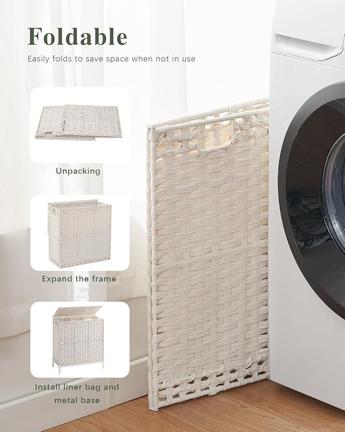 SETVSON Laundry Hamper with Lid, Large 132L Rattan Basket, White | 3-Section Large 35 Gal Clothes Hamper, 3 Removable Bags, Heightened Metal Feet, 6 Mesh Laundry Bags, Steel Frame - Image 7
