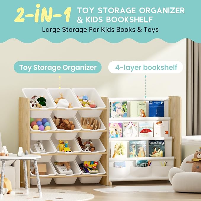 EXPERLAM Kids Toy Storage Organizer - Toy Organizer with Bookshelf, Toy Storage with 12 Toy White Bins and 4 Book Shelves, Toy Organizers and Storage for Playroom, Nursery, Kids Room, Burlywood - Image 6