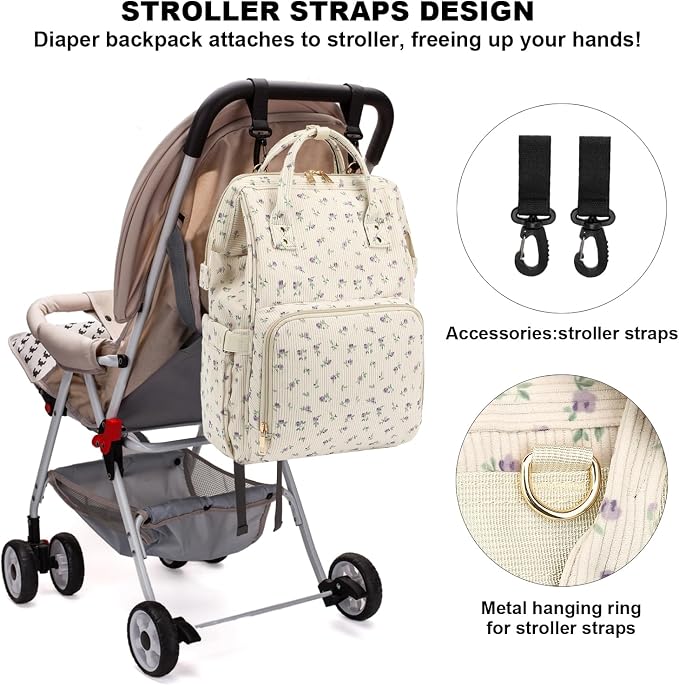 Corduroy Diaper Bag Backpack for Baby Girls Boys, Women Large Nappy Bags for Mom (Beige Corduroy Floral Purple) - Image 6