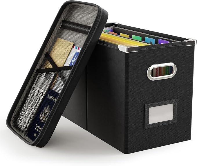 File Organizer Box with Lid, Hanging Filing File Box with Mesh Pocket, Document Organizer Box for Letter Files, Portable Storage Box with Smooth Sliding Rail for Office&Home (1 PCS, Black) by Oterri
