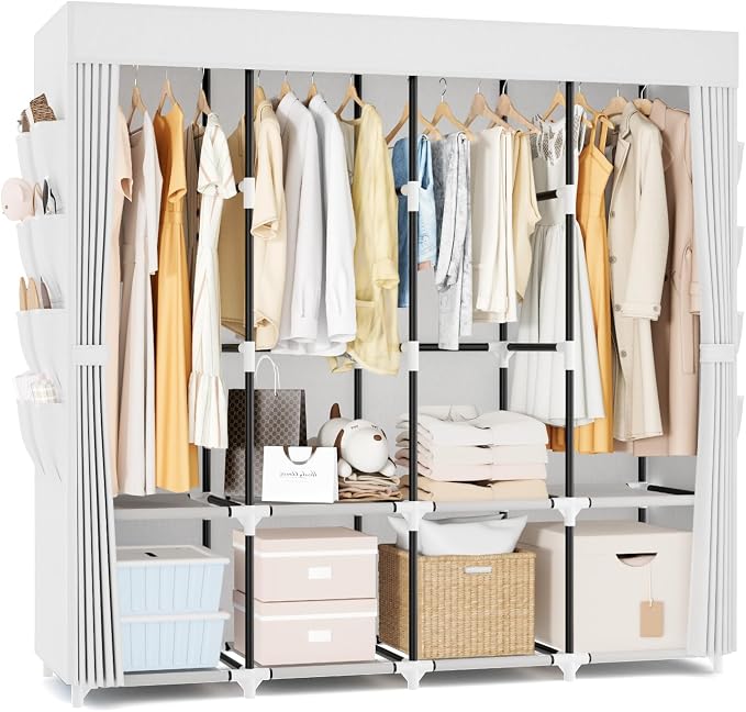 Portable Closet for Hanging Clothes, 67 Inch Wide Portable Wardrobe Closet with Cover, 4 Hanging Rod, Storage Shelves and Side Pockets, Large Free Standing Closet for Bedroom, White by BRFOYU