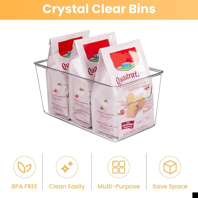 YIHONG 4 Pack Clear Storage Bins, Pantry Organizer Bins with Handle, Small | Plastic Bins, Pantry Storage Containers for Kitchen, Freezer, Cabinet, Closet, Bathroom, Under Sink Organizers and Storage - Image 4