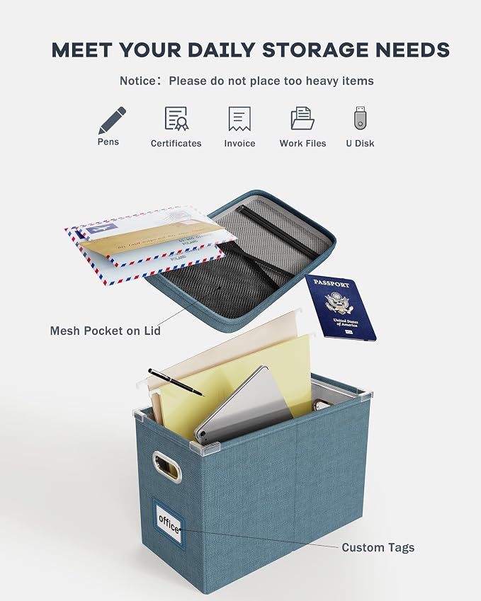 File Organizer Box with Lid, Hanging Filing File Box with Mesh Pocket, Document Organizer Box for Letter Files, Portable Storage Box with Smooth Sliding Rail for Office&Home (1 PCS, Dark-blue) - Image 4