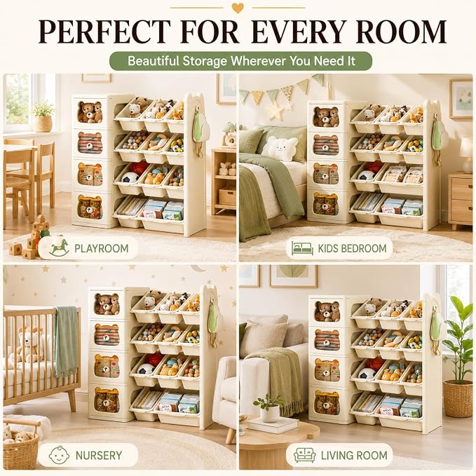 Toy Storage Organizer and Bookshelf, Large 4 Tier Book Shelf W/10 Toy Bins and 4 Drawers, Cute Bear Toy Organizers Box Bookcase for Nursery, Playroom, Bedroom, Kindergarten - Image 9