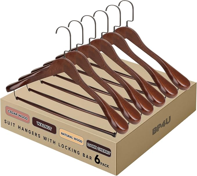 Wide Shoulder Wooden Hangers with Locking Bar, Walnut, 6-Pack | Non-Slip Suit Hangers with Flat-Head Hook for Suits, Jackets, Coats, Shirts, Outerwear and Heavy Clothes by BP4U%E2%84%A2