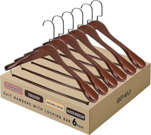 Wide Shoulder Wooden Hangers with Locking Bar, Walnut, 6-Pack | Non-Slip Suit Hangers with Flat-Head Hook for Suits, Jackets, Coats, Shirts, Outerwear and Heavy Clothes by BP4U%E2%84%A2