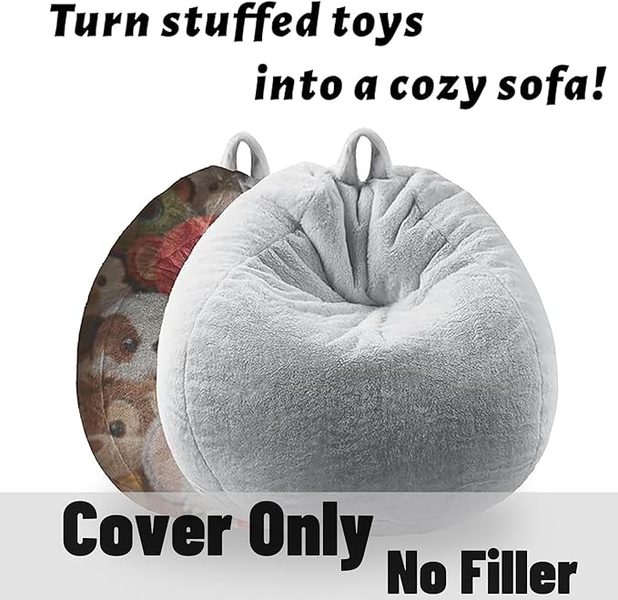 Faux Fur Bean Bag Cover (No Filler)Stuffed Animal Storage Adults Light Gray | Bean Bag Covers Large Bean Bag Sofa for Adults, furry fuzzy surface,for living room bedroom holiday gift - Image 4