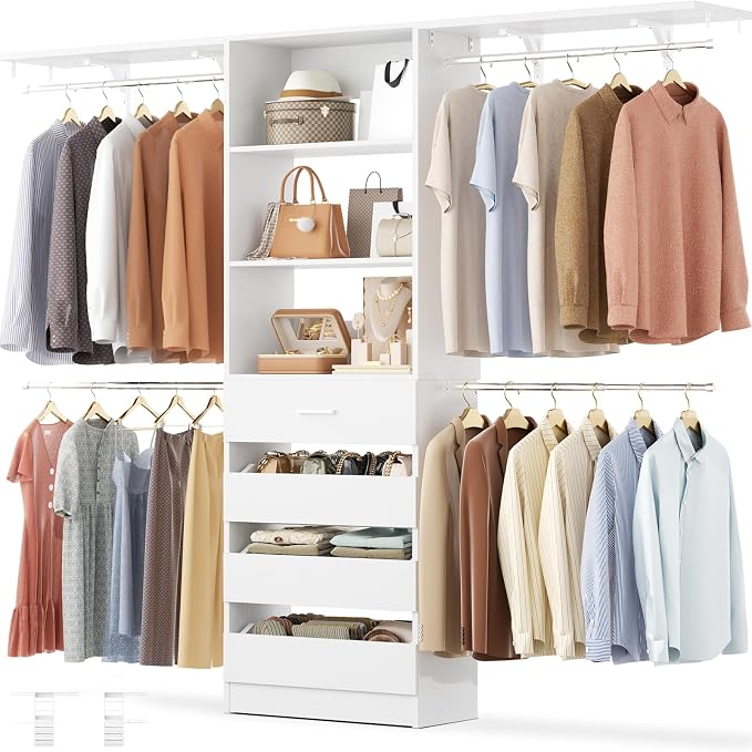 Aheaplus Closet System with Drawers, Wood Closet Organizer System with 4 Hanging Rods & Top Shelves, Walk-in Closets Organizer Wardrobe Clothes Rack System, Cut Fits Spaces 4-9FT. Wide, White by Aheaplus