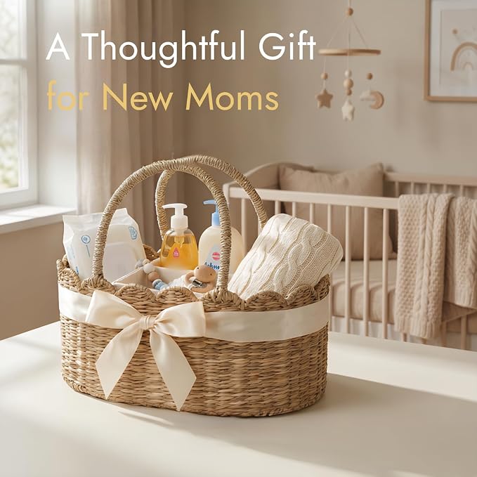 YANGQIHOME Diaper Caddy Organizer, Seagrass Nursery Baby Basket for Baby Essentials, Scalloped Wicker Diaper Caddy, Baby Shower Gifts (MeadowNest) - Image 9