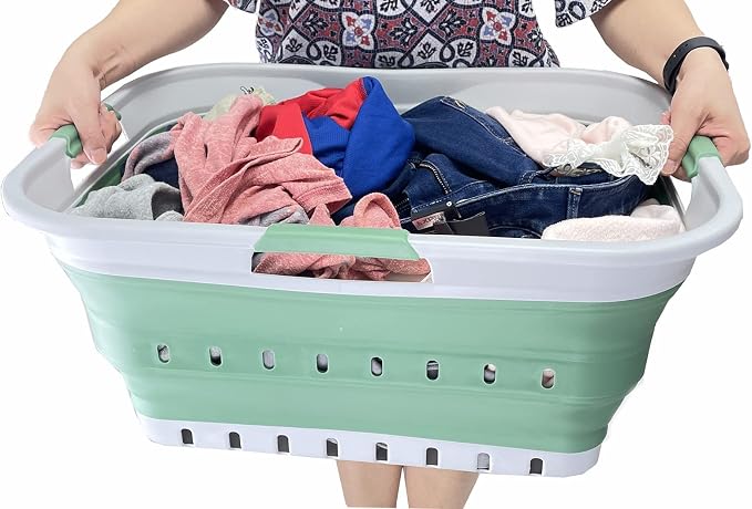 SAMMART 42L (11 gallon) Collapsible Plastic Laundry Basket - Foldable Pop Up Storage Container/Organizer - Portable Basket - Space Saving Hamper/Basket (Grey/Dark Sea Green (Set of 2)) - Image 7