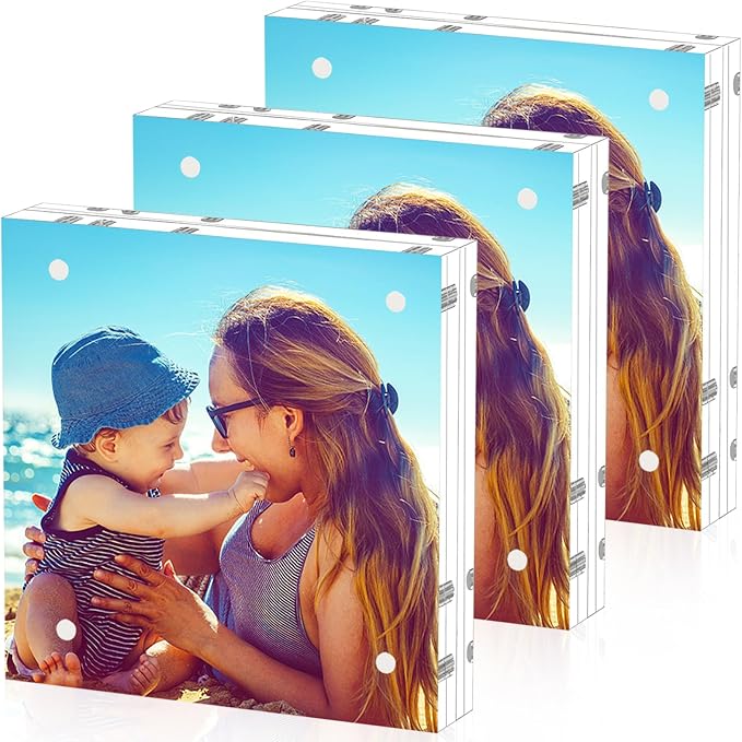 HELPLEX Acrylic Frame, 3 Pack 5x5 Acrylic Picture Frames, 20mm Thicker Frameless Clear Frame Double Sided Magnetic Frame, Free Standing Desktop Display by HELPLEX