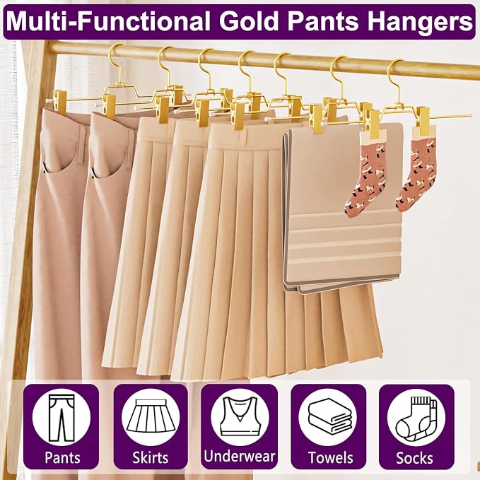 30Pack Heavy Duty Metal Pants Hangers,Pants Hangers with 2 Adjustable Clips | Gold Skirt Hangers with 360° Swivel Cost Hook, Space-Saving Shorts Hangers for Pants, Jeans, Slacks, Short Skirt - Image 2