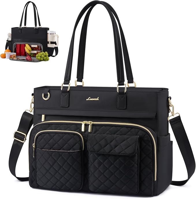 LOVEVOOK Insulated Lunch Tote Bag for Women, Work Bag for Women with Cup Holder, Large Capacity Teacher Bag with Laptop Compartment, Water Resistant Nurse Tote for Travel, College, 15.6 Inch Black by LOVEVOOK