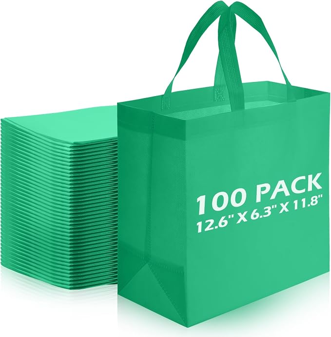 Reginary 100 PCS Non Woven Tote Bags Bulk,Green | Reusable Shopping Bags with Handles, Stores, Groceries Markets, Events Gift, Party Supplies by Reginary