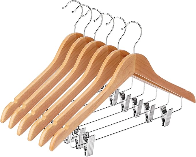 Wooden Hangers with Clips 24 Pack Wooden Pants Hangers,Skirt Hangers with Adjustable Clips,Hangers for Pants,Jeans,Slacks,Shorts（Natural） by Uilmart