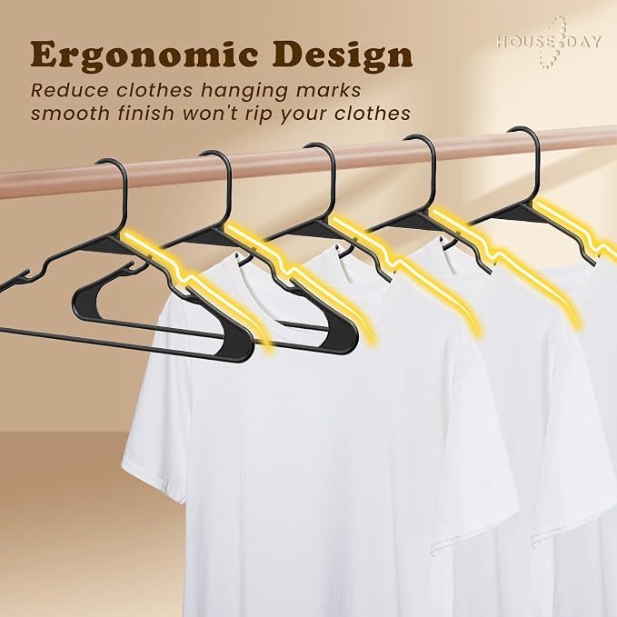 HOUSE DAY Black Plastic Hangers 100 Pack, Slim Space Saving Clothes Hangers | Durable Hangers for Shirts, Coats, Pants and Dresses, Non-Slip Notches Hold Straps, Bulk Pack for Whole-Home Closet Storage - Image 7