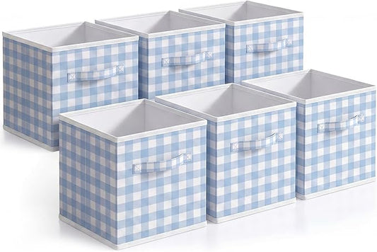 Yalikop 6 Pcs Blue Gingham Cube Storage Bins, 11 Inch Fabric Checkered Classroom Storage Bins Organizer with Handle Preppy Collapsible Cubby Basket for Classroom Home Nursery Playroom Bedroom by Yalikop
