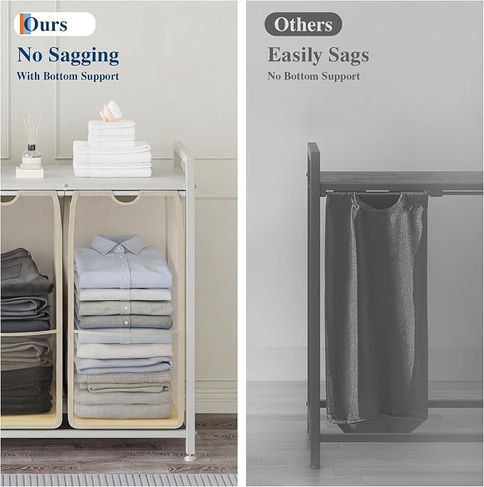 Garvee 97L Laundry Basket 2 Section, Laundry Hamper with Shelf & 2 Removable Bags, Dirty Clothes Basket Organizer for Bathroom Bedroom Room Organization, 2 x 12.8 Gal (48.5L), White and Beige | Laundry Basket with Shelf & 2 Removable Bags, Dirty Clothe... - Image 6