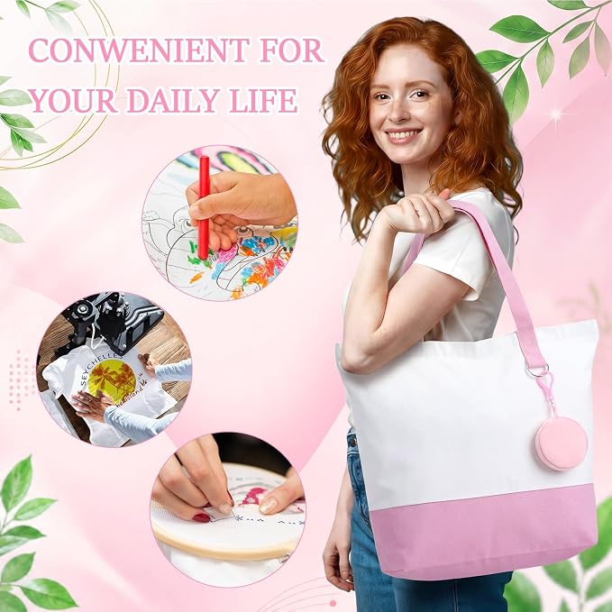 Sanwuta Canvas Tote Bags Bulk with Zipper and Plush Coin Purses 18.5" Reusable Cotton Shopping Bags with Handle for DIY Craft - Image 5