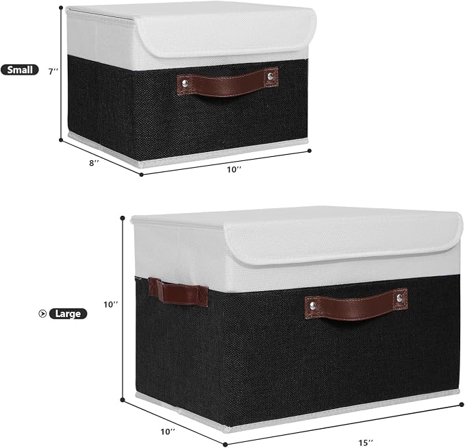 ANMINY Fabric Storage Box Bins with Lids, Black White, 15"x10"x10" | Keepsake Memory Storage, Cotton Linen, PP Board Reinforced, Washable, PU Handles, Foldable & Stackable, Decorative, Large - Image 5