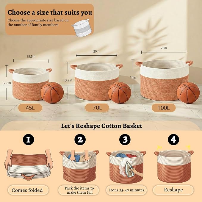 Artfeel 70L Large Cotton Rope Basket, Decorative Woven Blanket Storage for Living Room, Boho Toy Storage & Toy Box for Kids, Versatile Laundry Basket & Nursery Hamper for Blankets(Orange) - Image 6