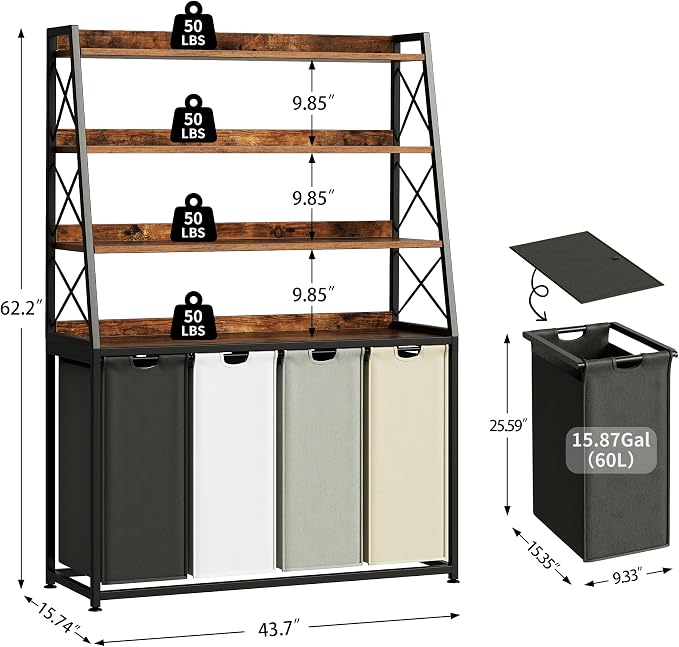 Herture Laundry Basket, 4 Section Laundry Hamper with 4 Tiers Shelf, Pull-Out and Removable Laundry Bags, Large 4 x 15.87 Gallons, for Laundry Room Bathroom Rustic Brown PF12XLN - Image 3