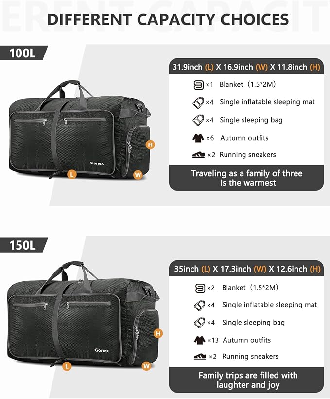 Gonex 150L Foldable Travel Duffle Bag with Shoe Compartment, Lightweight | 210D Nylon, Water-Repellent, Folds Compact, Multiple Pockets, Luggage Sleeve, Family Travel & Camping, Grey - Image 4