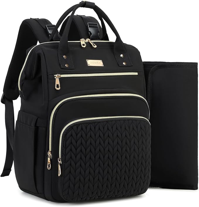 AIJIEKE Large Diaper Bag Backpack, Extra Wide Travel Diaper Bag, Black | Multi-functional waterproof maternity bag. Changing pad, stroller straps, insulated wet/dry pocket. Mom, dad, toddler travel by AIJIEKEDirect