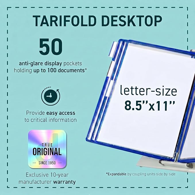 Tarifold Desktop Reference Display System, 50 Pockets, Expandable, Blue | 50 Double-Sided PVC Pockets, Holds 100 Letter-Size Sheets, Sturdy Metal Base, Quick-Find Indexing, Quick and Easy to Assemble - Image 2